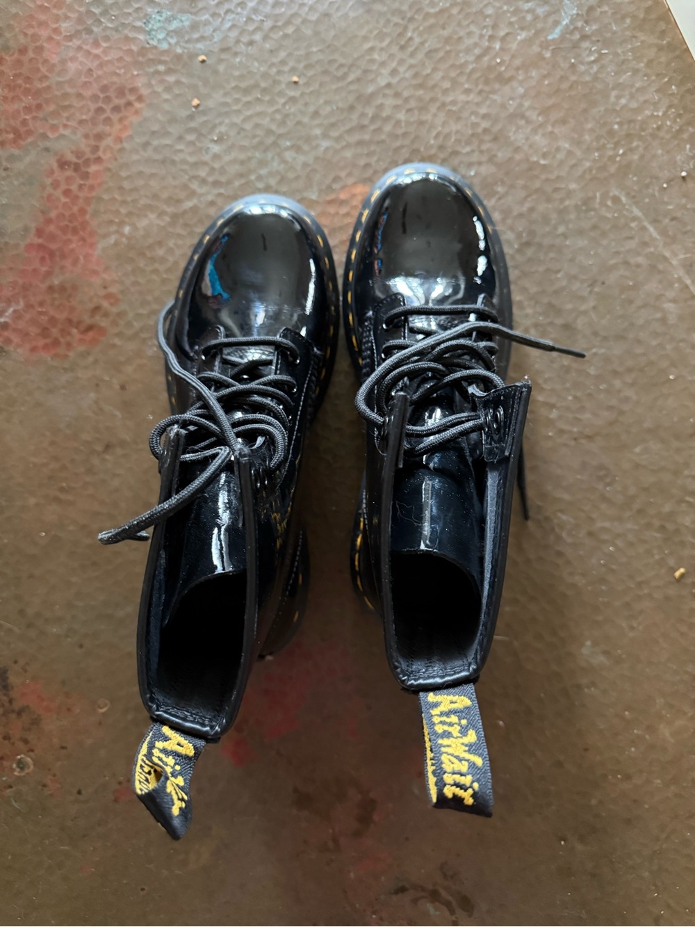 Dr. Martens Patent Black Lace-Up Boots with Yellow Stitching